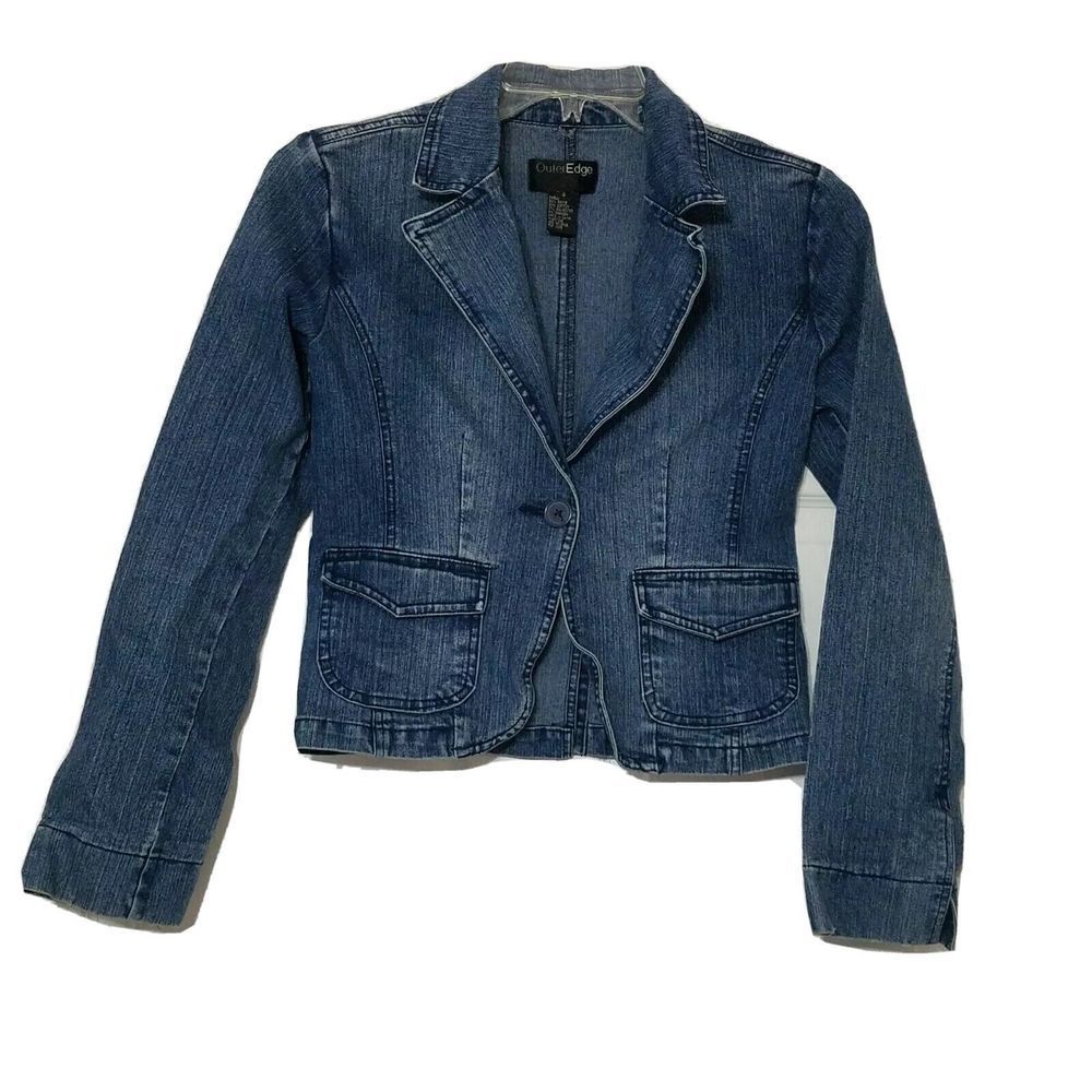 Outer Edge Classy Button Up Collared Denim Jean Jacket ~ Sz S ~ Long Sleeve